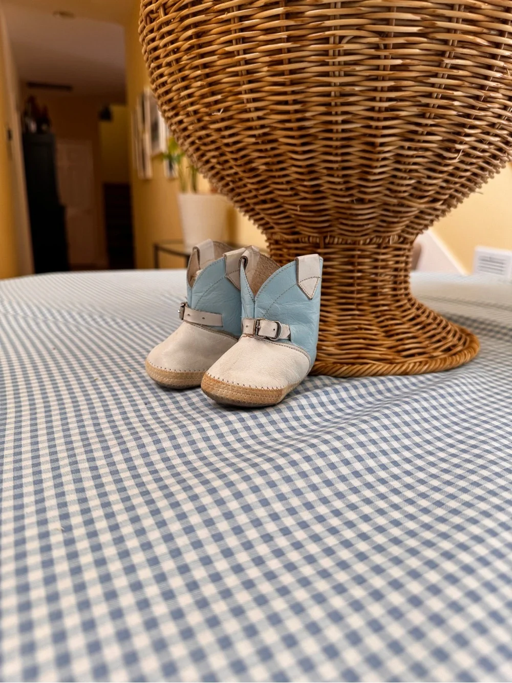Vintage Blue and White Gingham Round Tablecloth with Ruffled Edge
